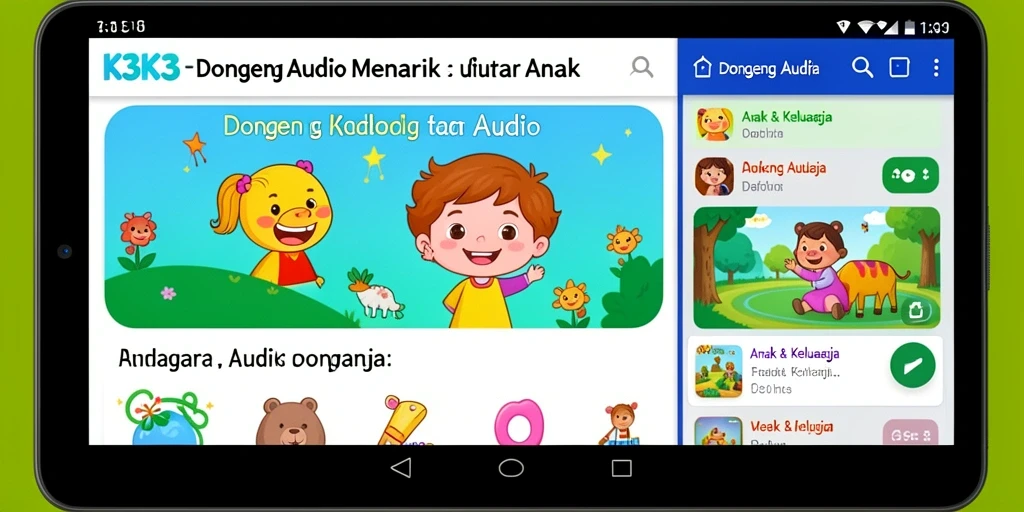 Tampilan antarmuka aplikasi K3K3 dengan pilihan dongeng audio.